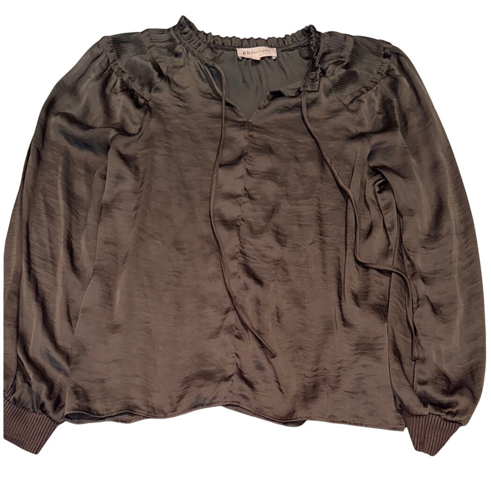 NWOT Philosophy Republic‎ Women Satin Ruffle Tie Neck Blouse Olive green Small